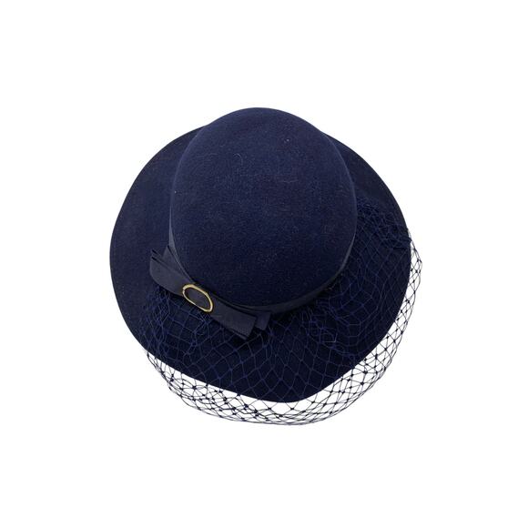 Vintage Navy Blue Doeskin Felt Wool Hat Veil Accent Geo W Bollman Mid Century